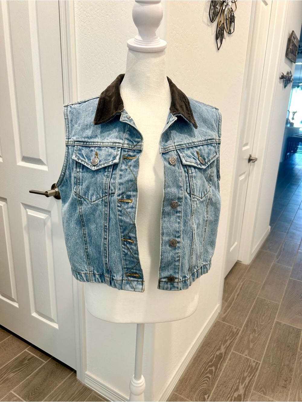 The Limited Light Blue Denim Vest with Dark Brown Velveteen Collar